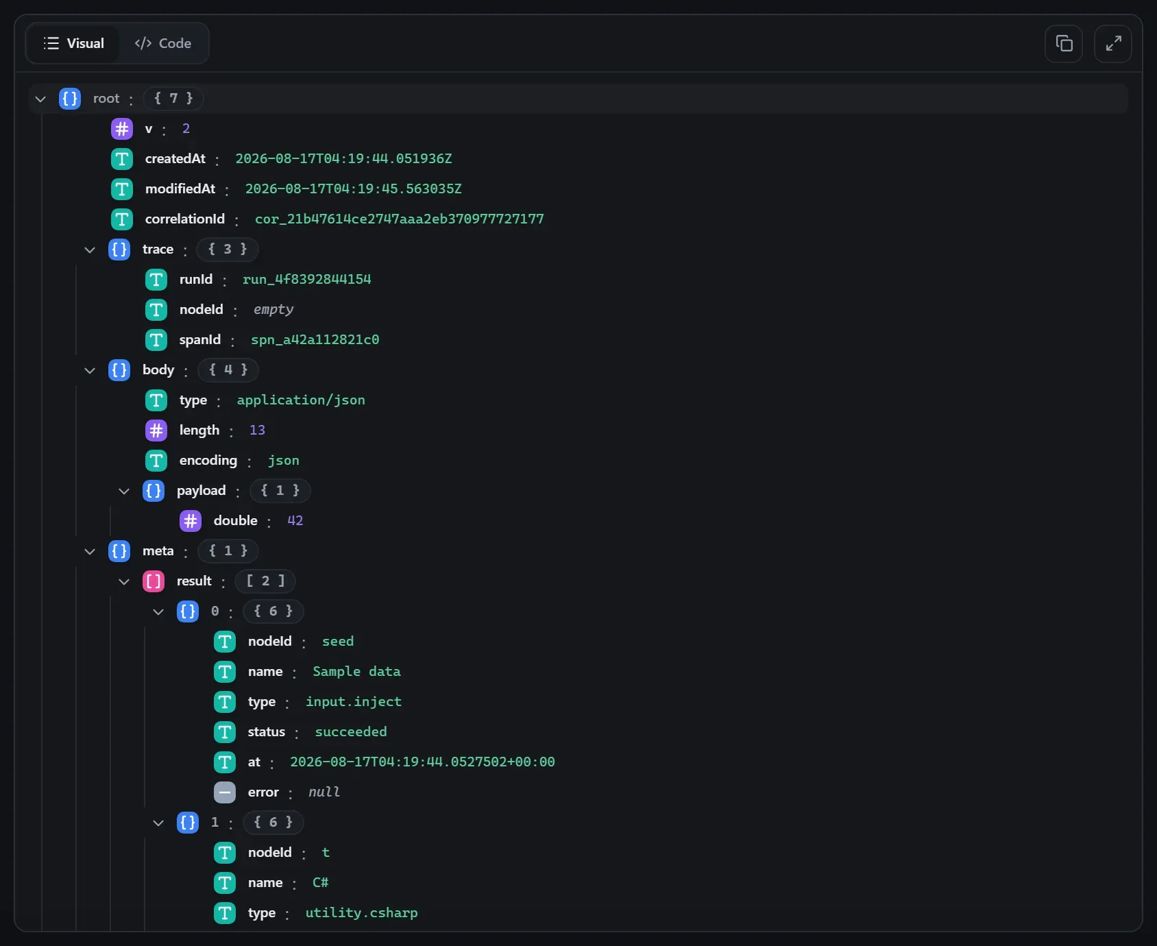 The C# node's output envelope in the run data viewer
