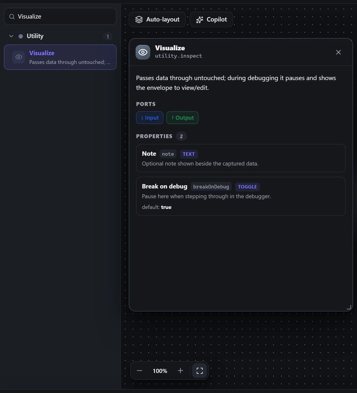 Visualize in the node library, with the in-editor docs panel open