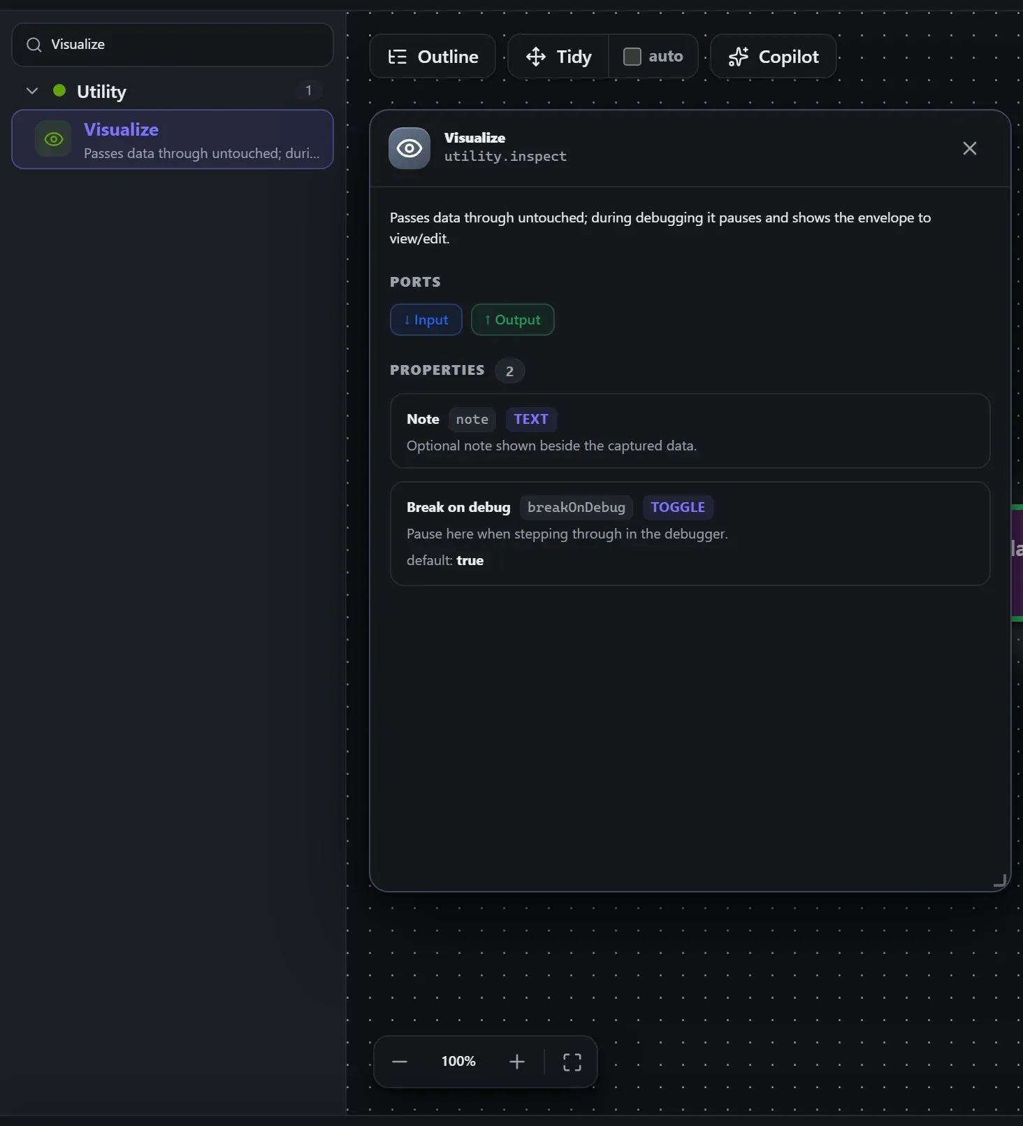 Visualize in the node library, with the in-editor docs panel open