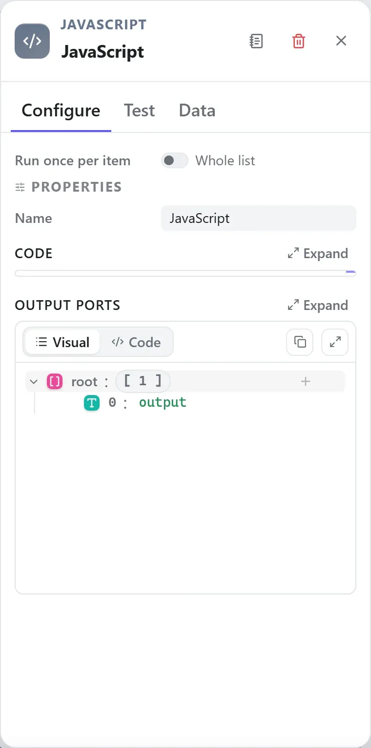 The JavaScript node's settings in the Studio builder