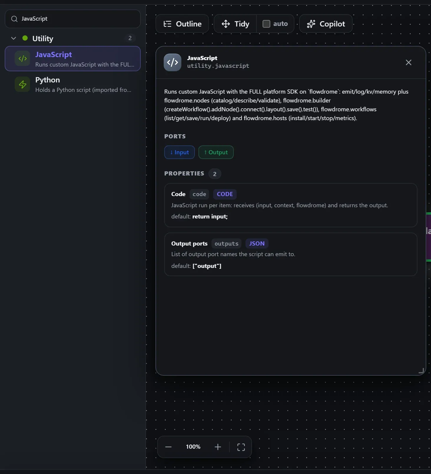 JavaScript in the node library, with the in-editor docs panel open