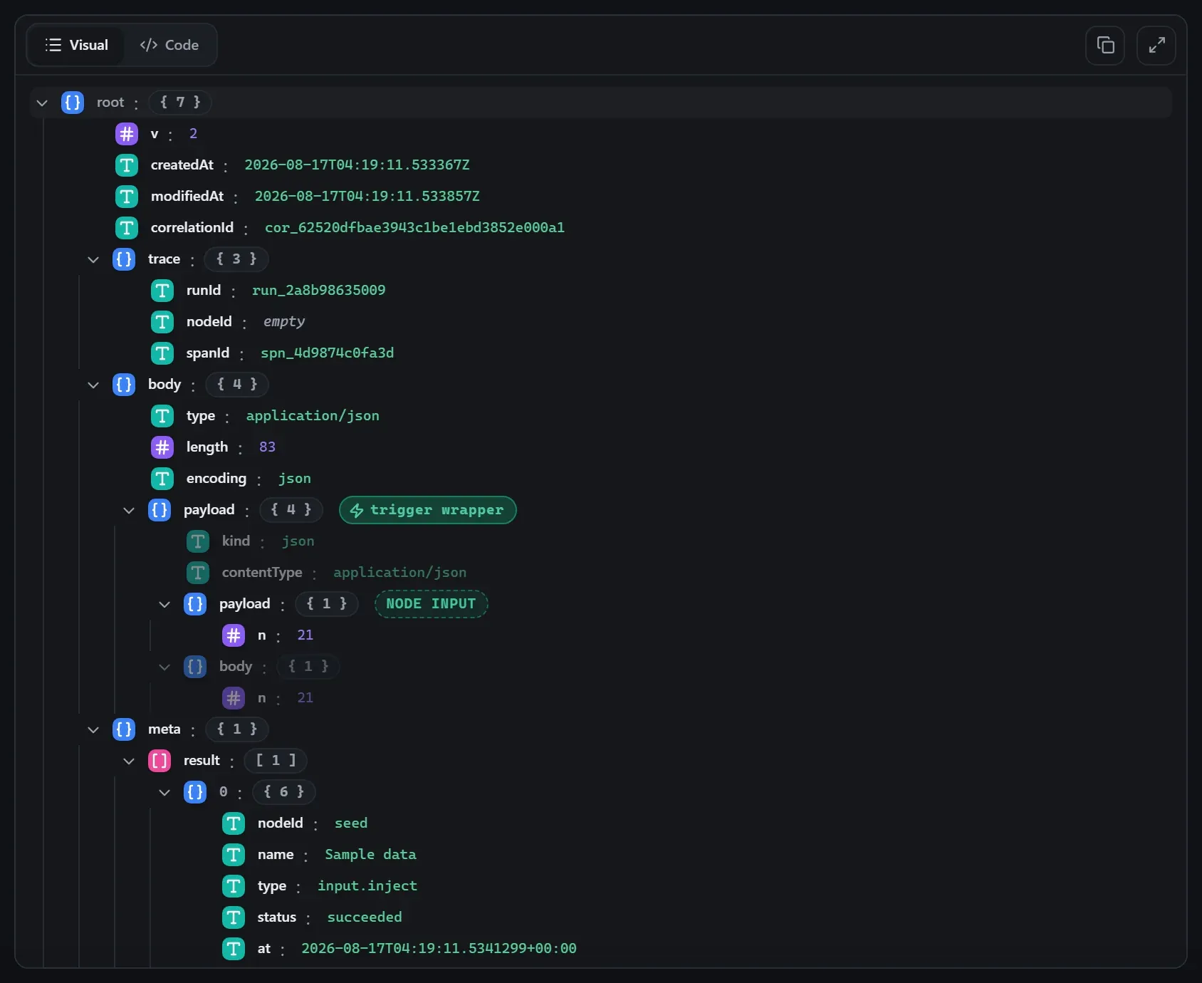 The JavaScript node's input envelope in the run data viewer