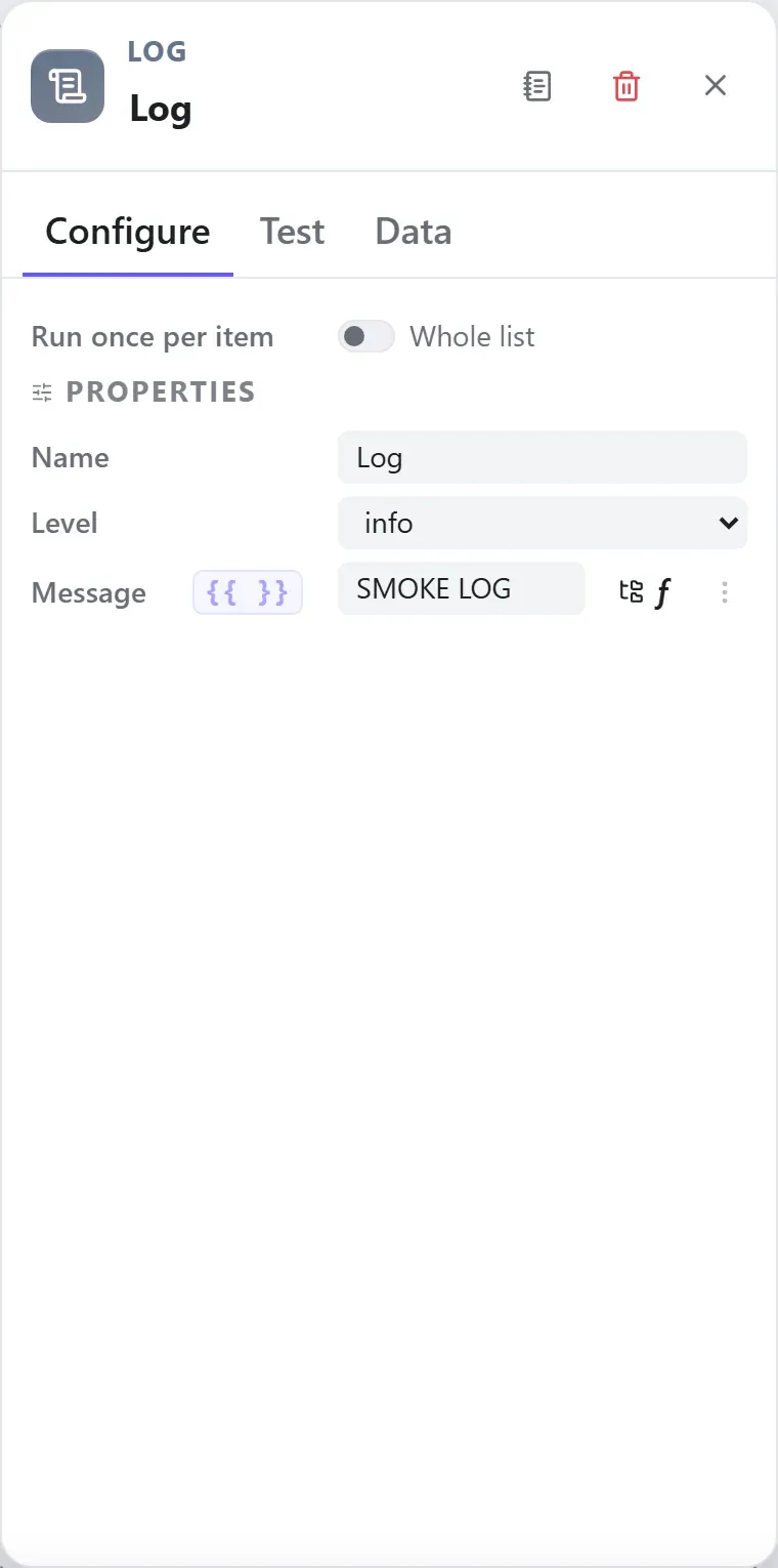The Log node's settings in the Studio builder