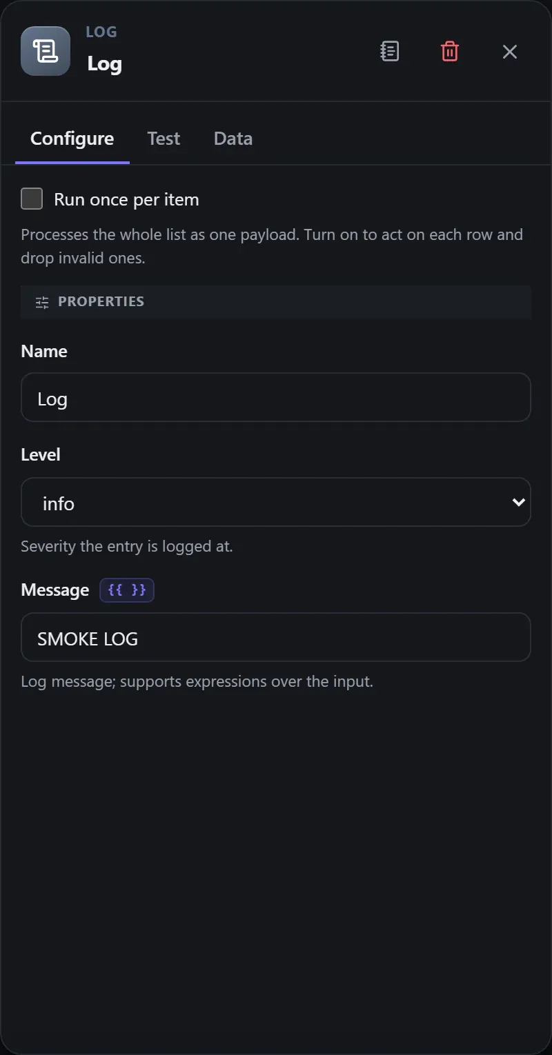 The Log node's Configure panel in the Studio builder