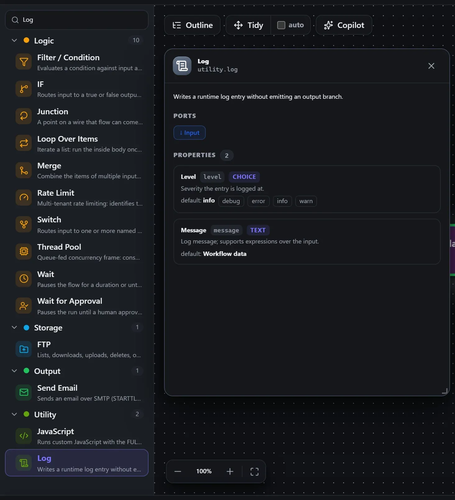 Log in the node library, with the in-editor docs panel open