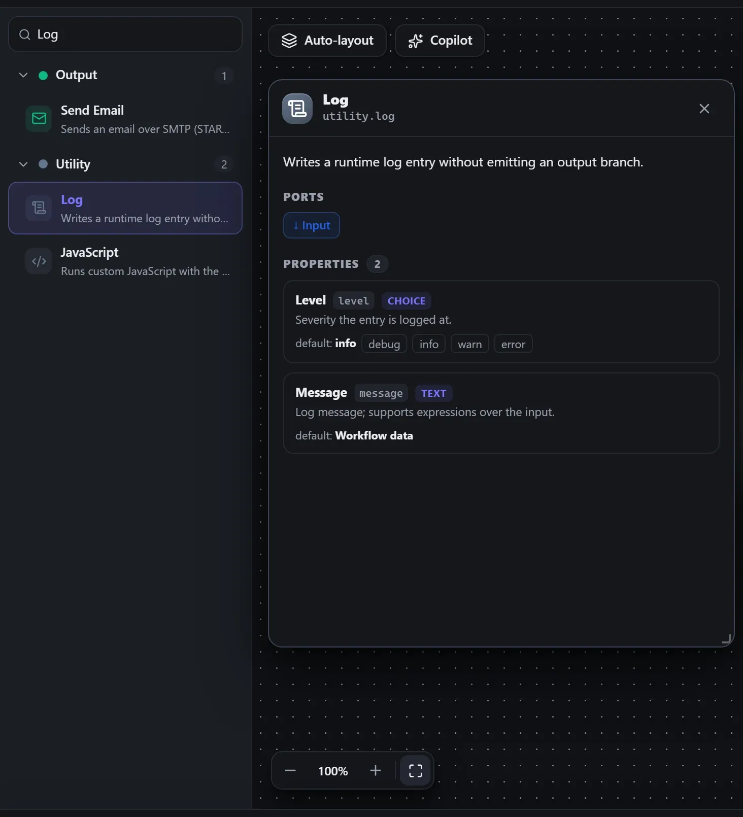 Log in the node library, with the in-editor docs panel open