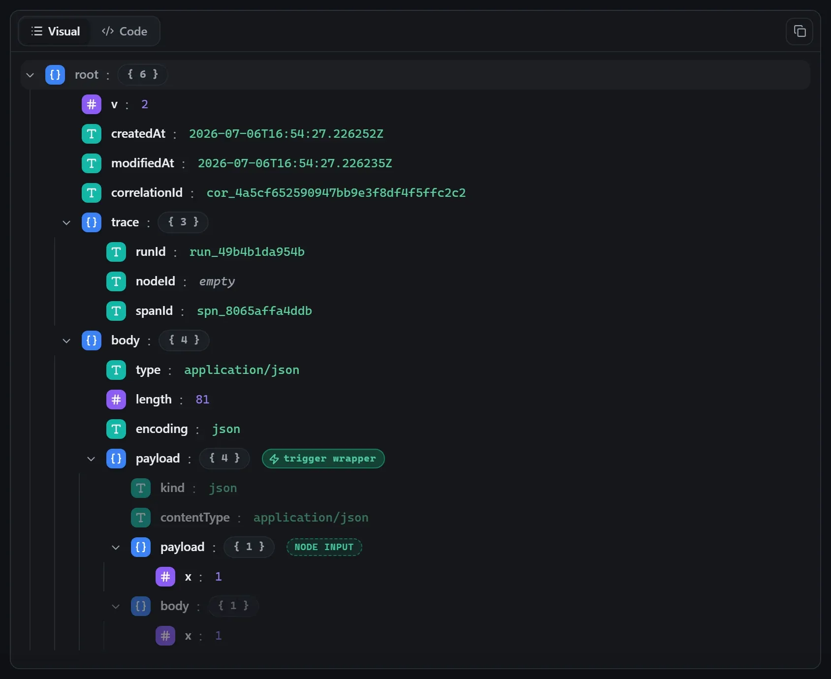 The Log node's input envelope in the run data viewer