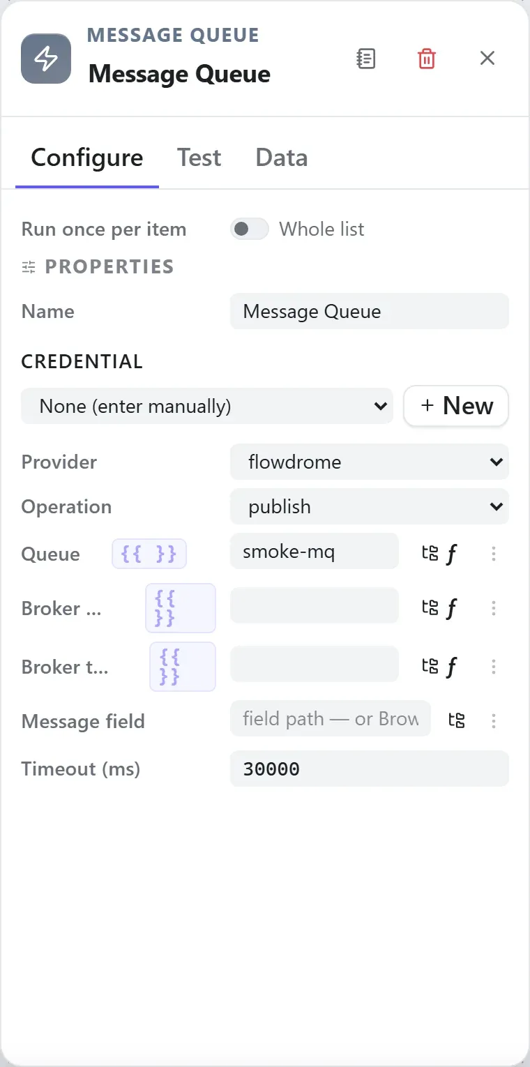 The Message Queue node's settings in the Studio builder