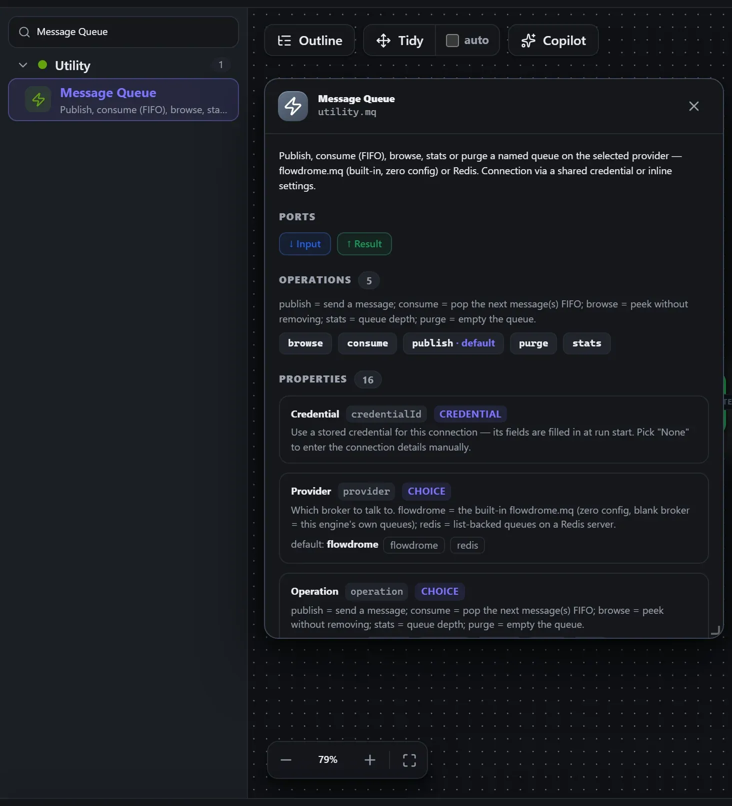Message Queue in the node library, with the in-editor docs panel open