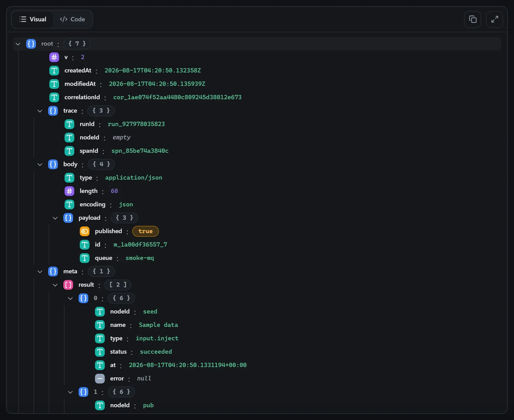 The Message Queue node's input envelope in the run data viewer