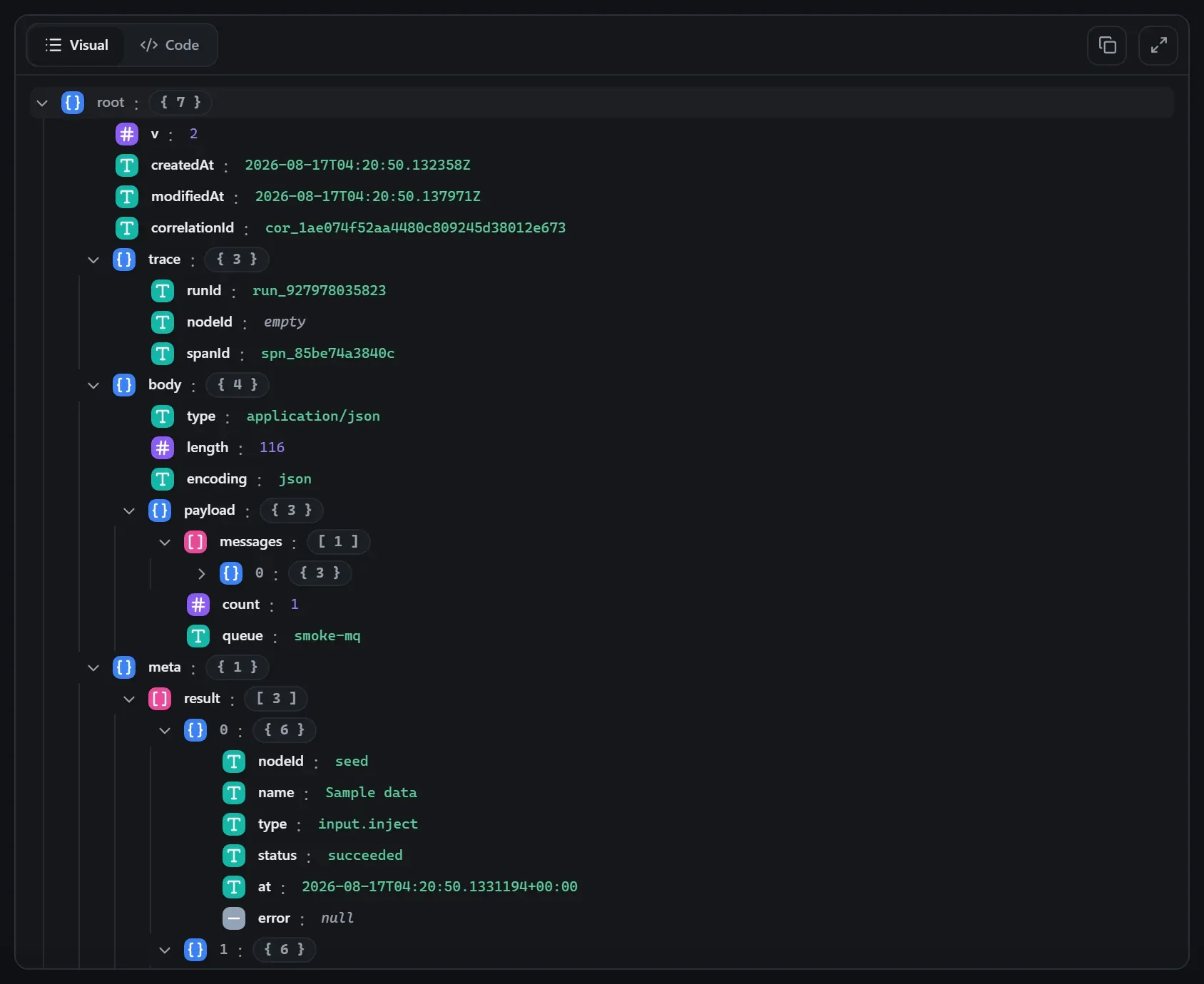 The Message Queue node's output envelope in the run data viewer