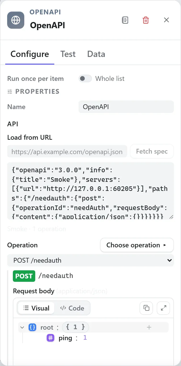The OpenAPI node's settings in the Studio builder