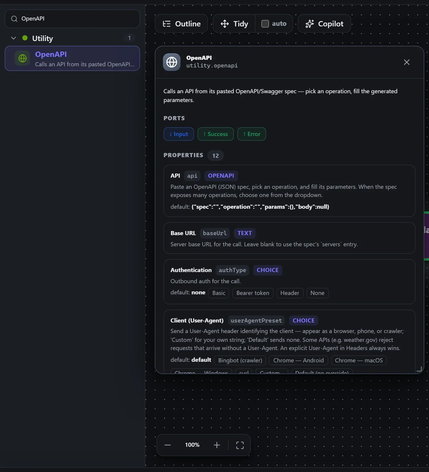 OpenAPI in the node library, with the in-editor docs panel open