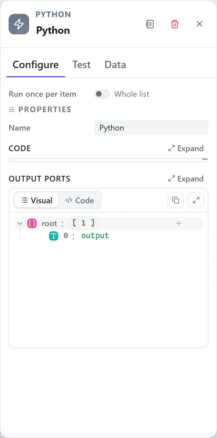 The Python node's settings in the Studio builder