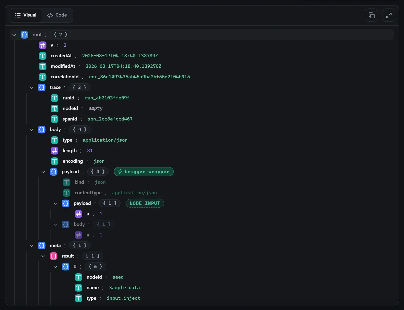 The Python node's input envelope in the run data viewer