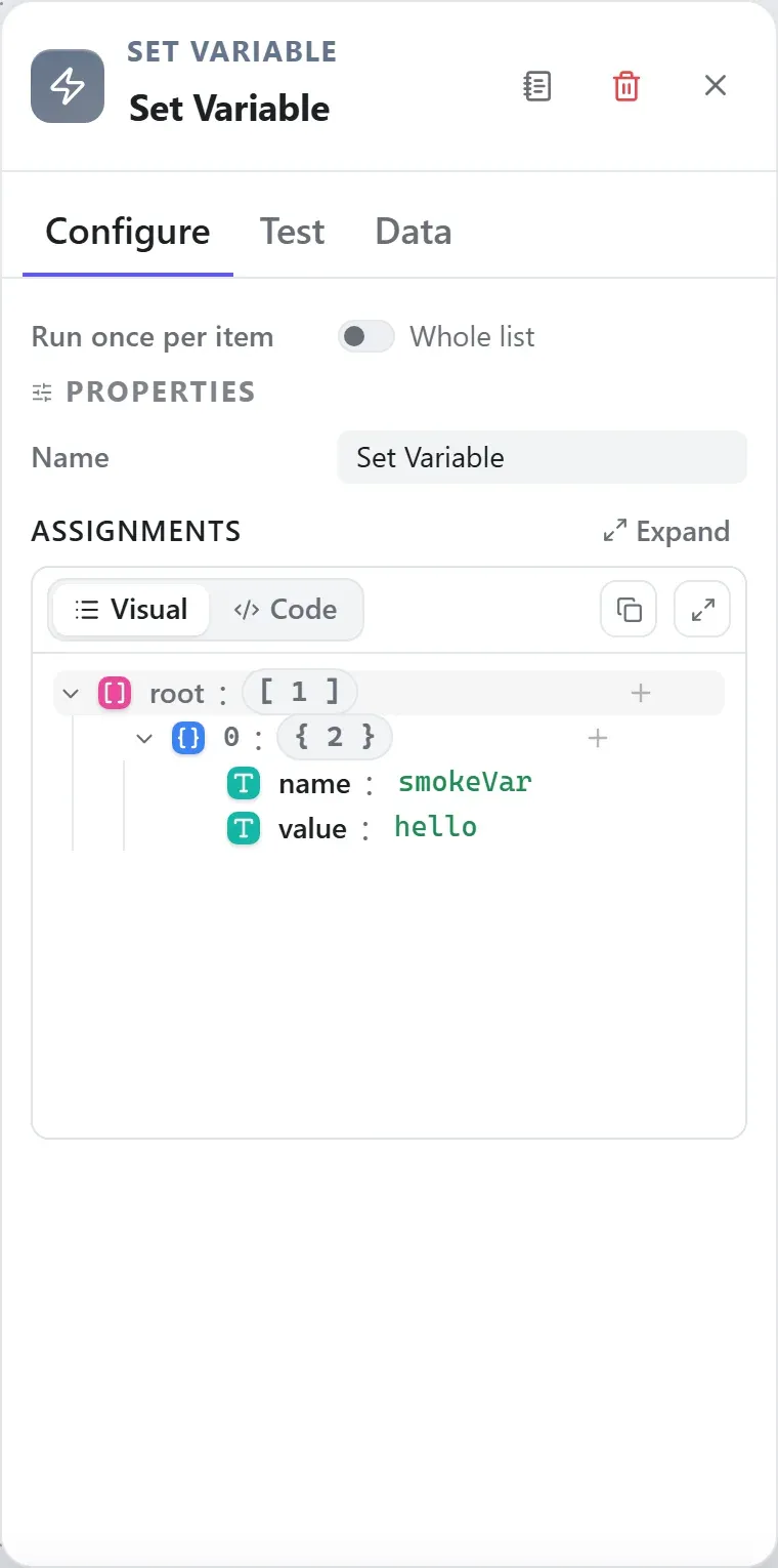 The Set Variable node's settings in the Studio builder