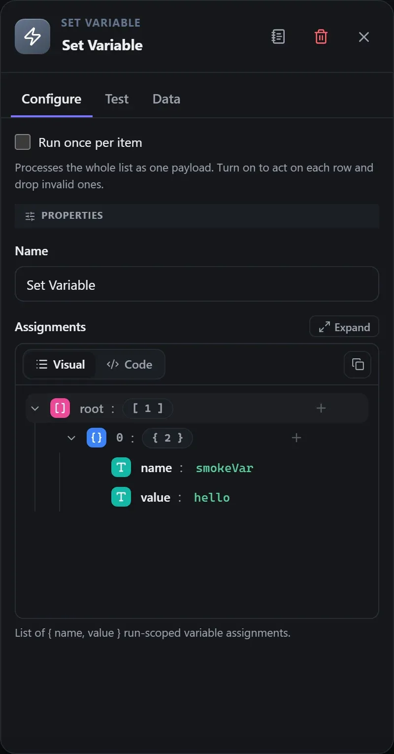 The Set Variable node's Configure panel in the Studio builder