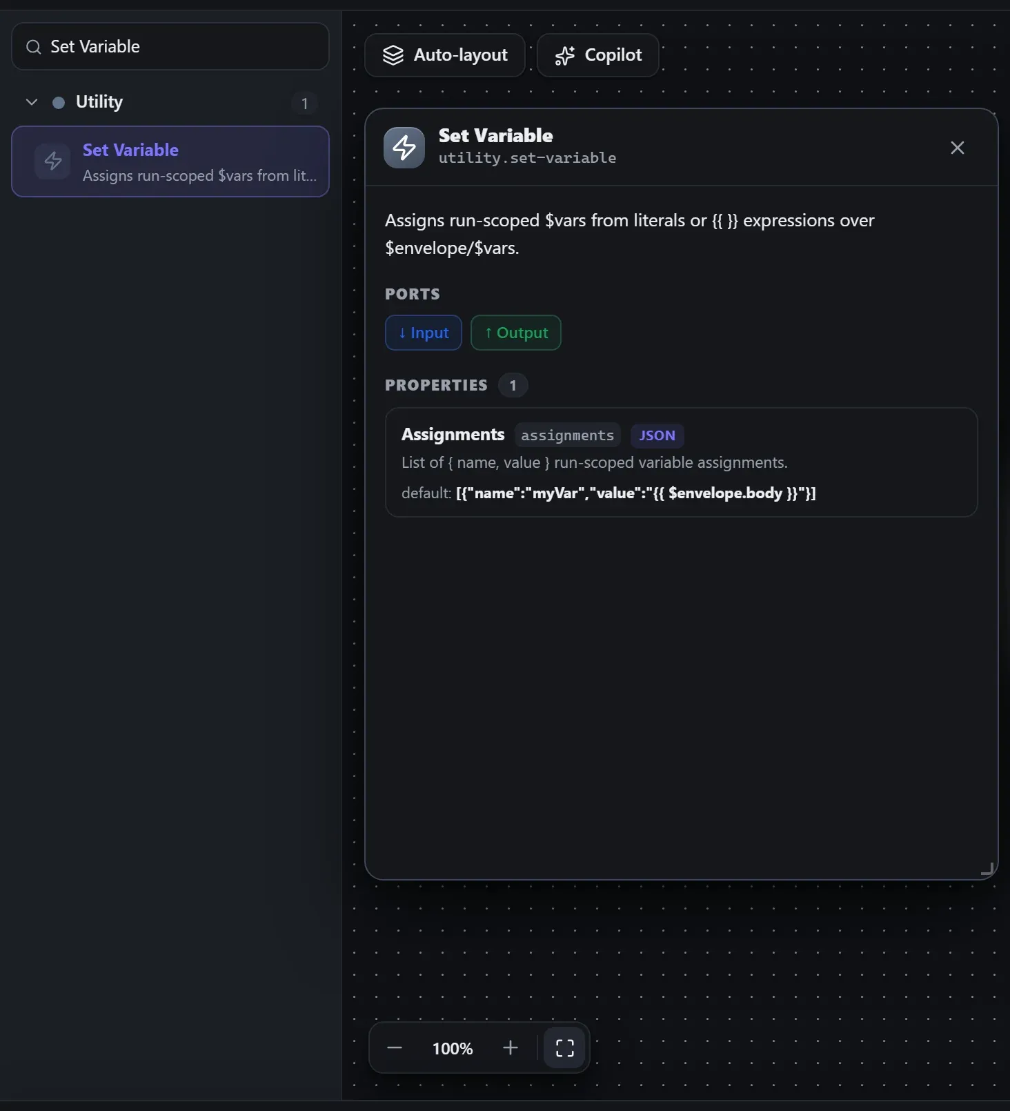 Set Variable in the node library, with the in-editor docs panel open
