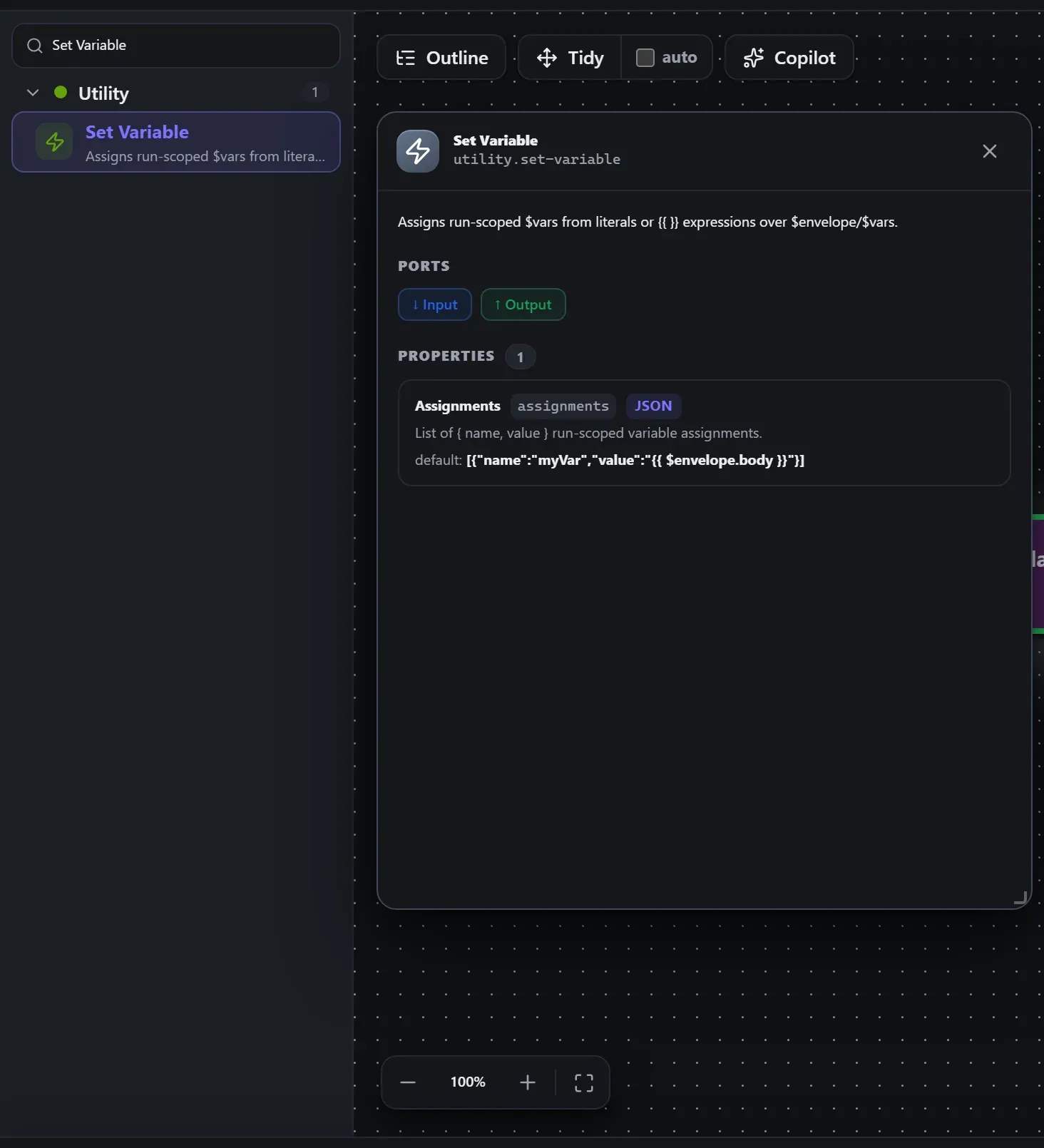 Set Variable in the node library, with the in-editor docs panel open