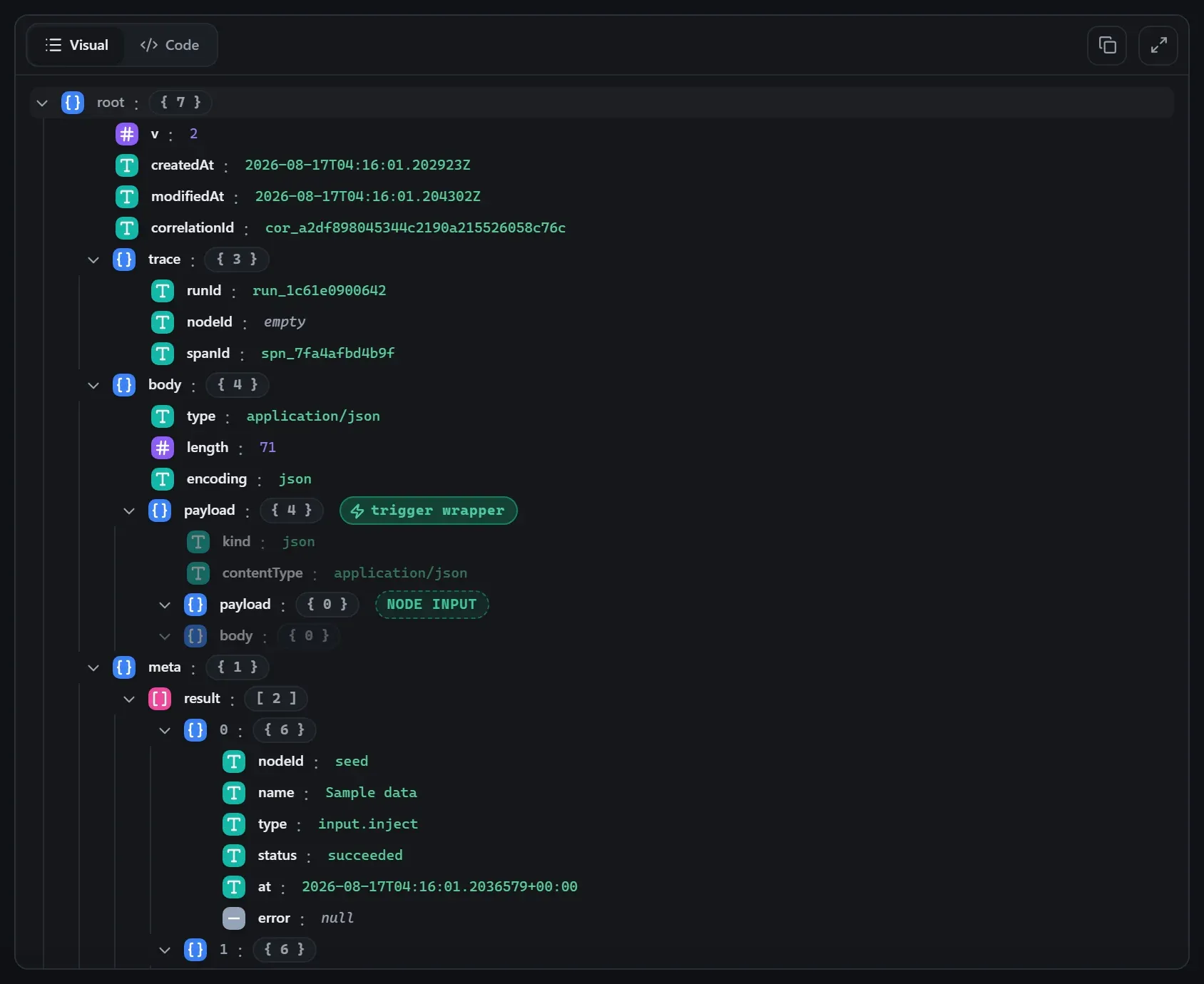 The Set Variable node's output envelope in the run data viewer