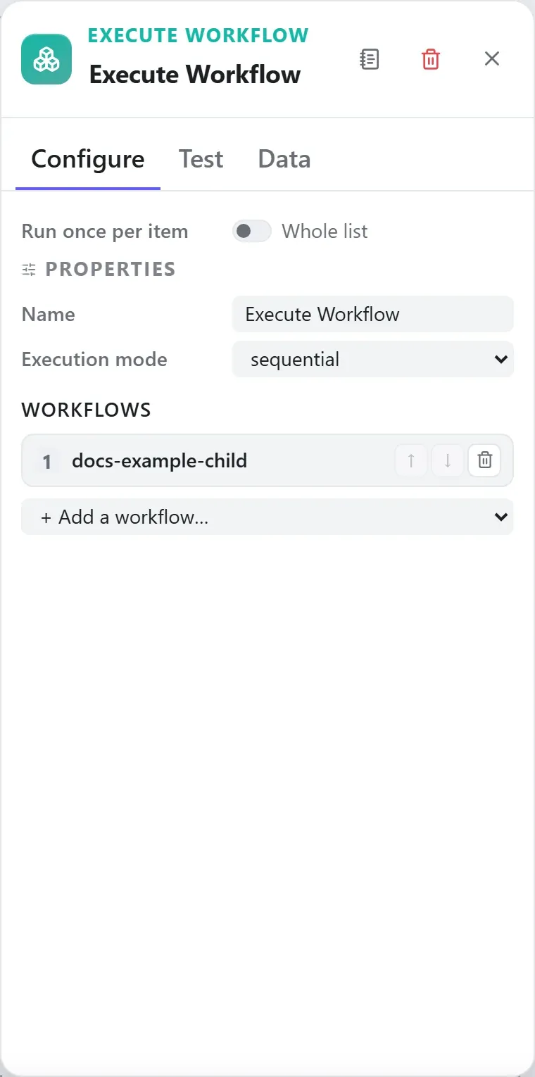 The Execute Workflow node's settings in the Studio builder