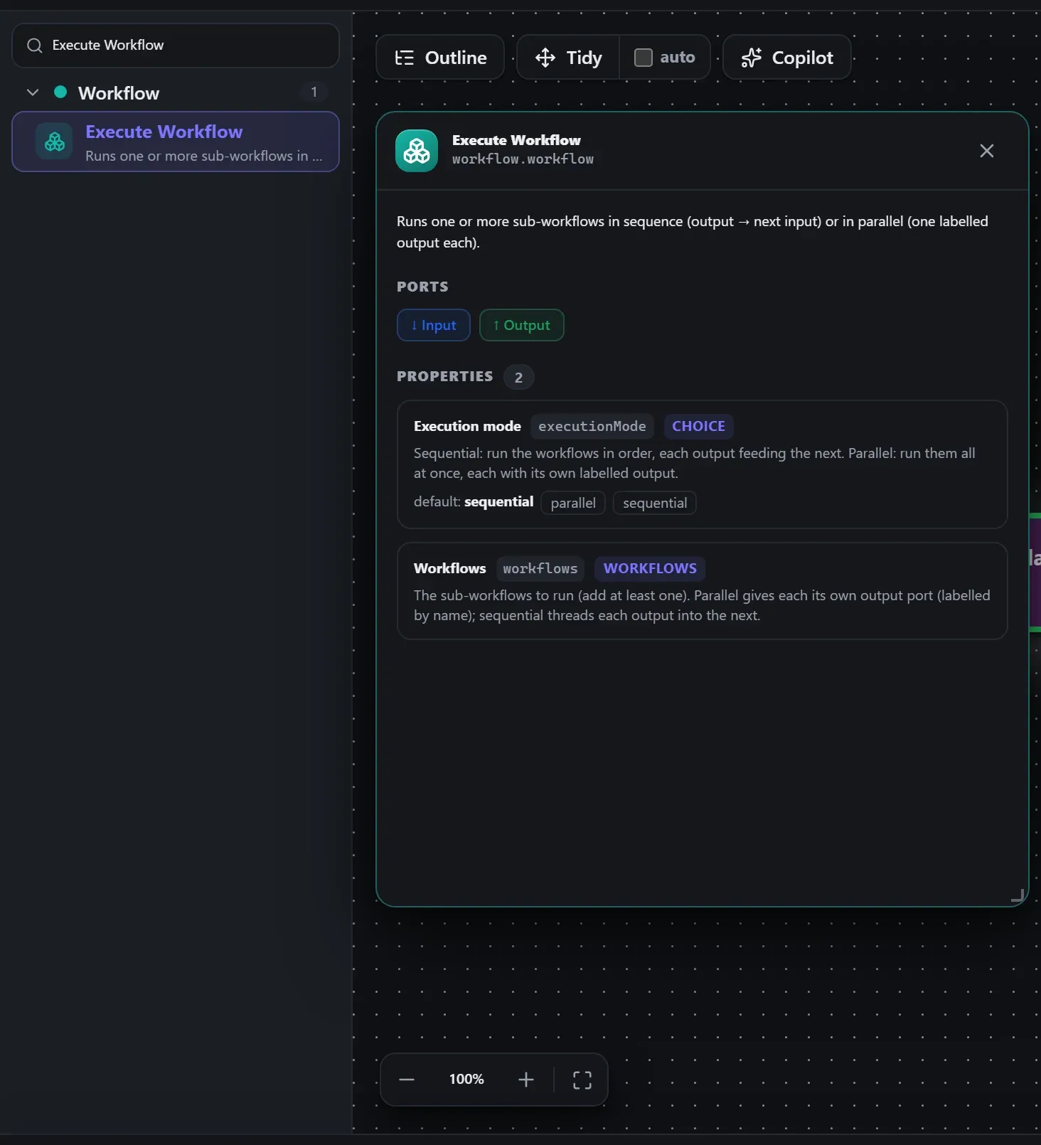 Execute Workflow in the node library, with the in-editor docs panel open