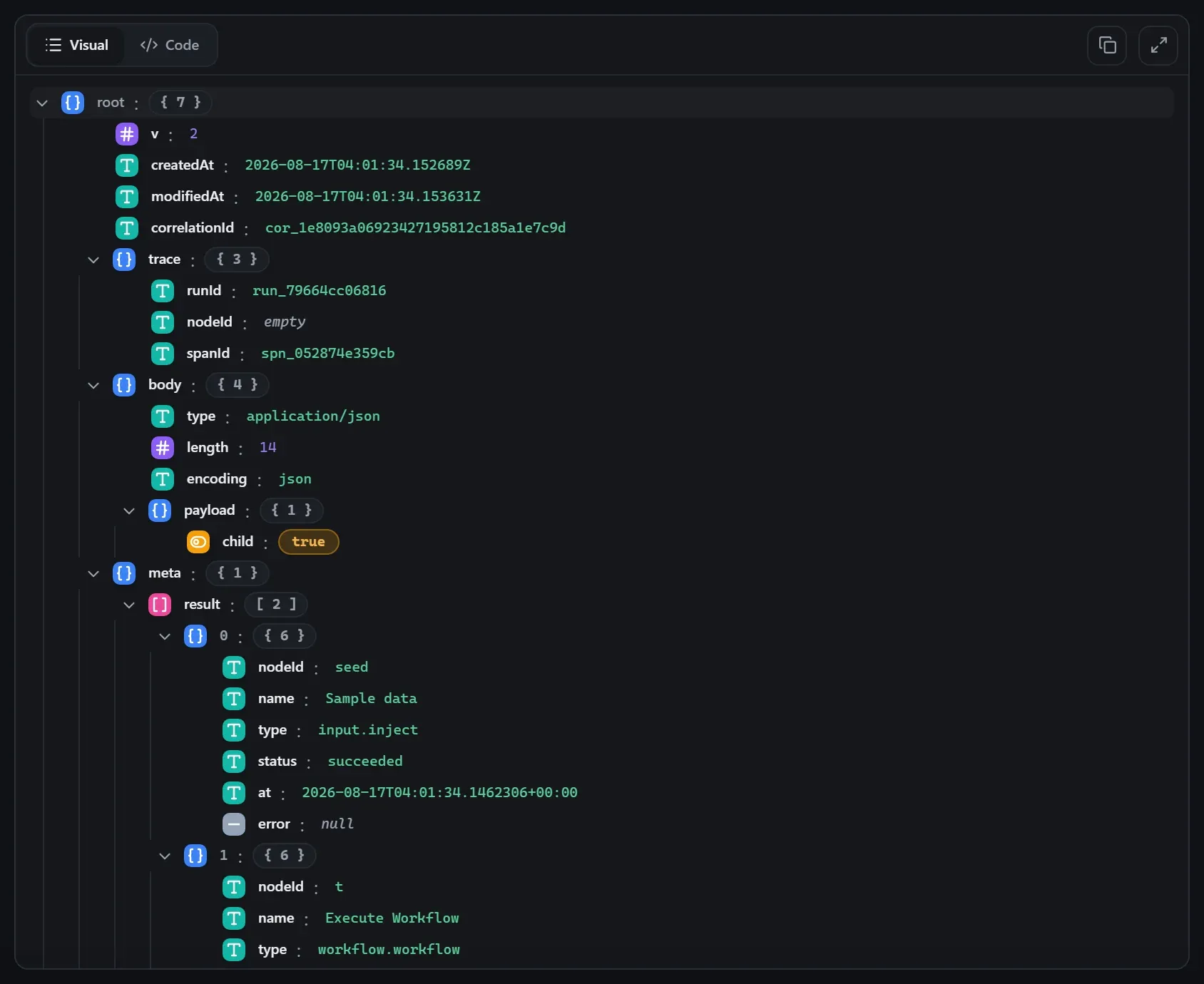 The Execute Workflow node's output envelope in the run data viewer