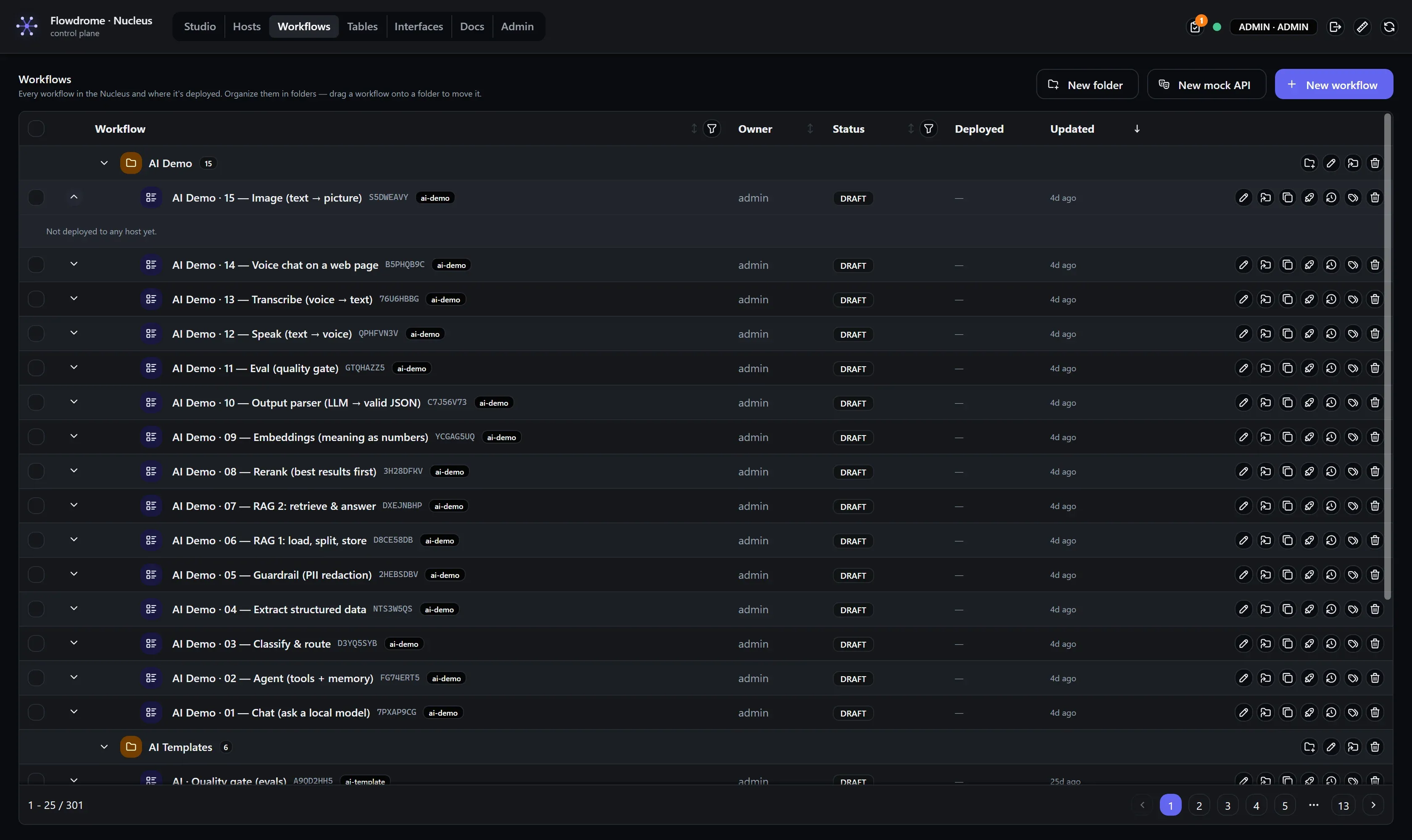 A workflow row expanded to show its deployments