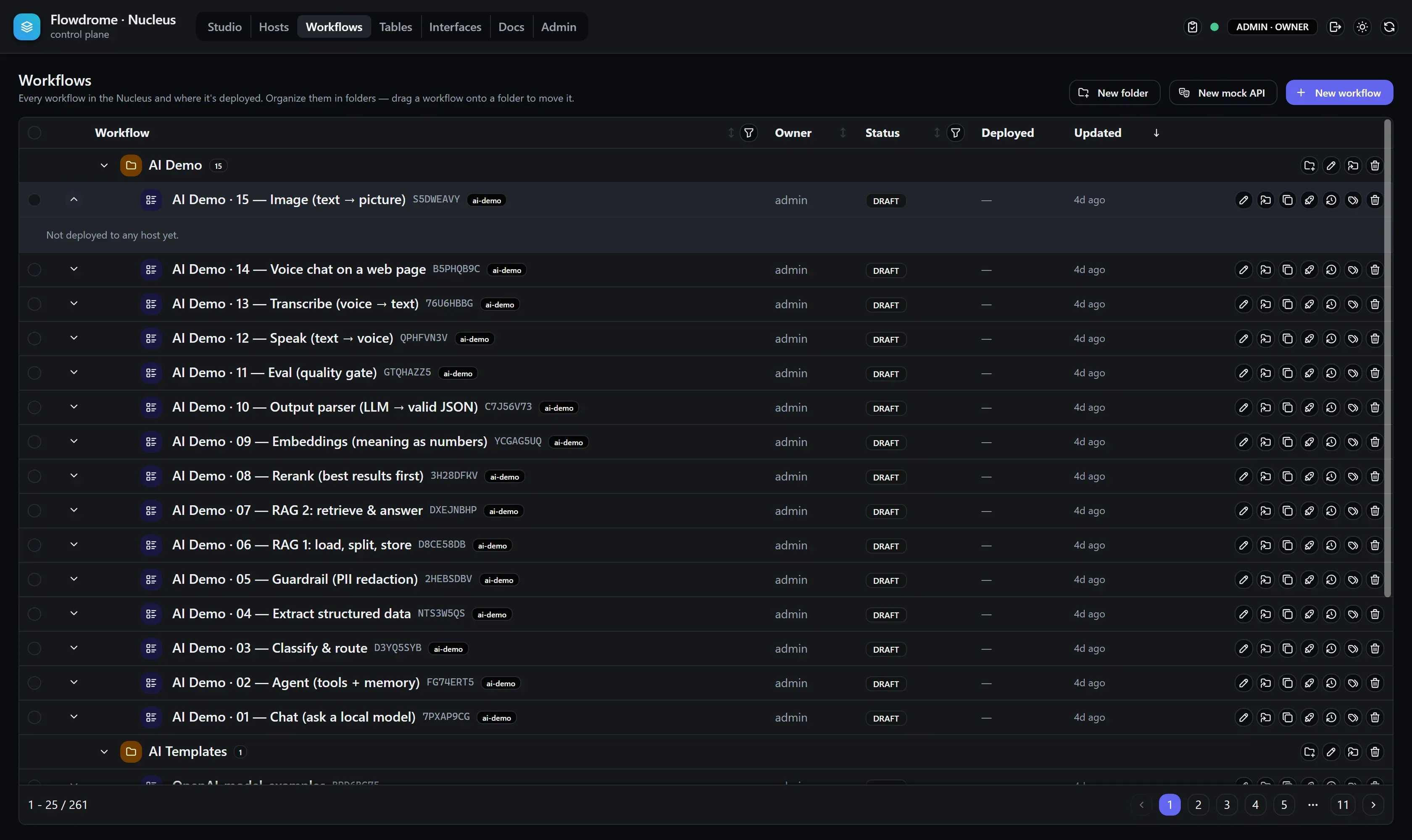 A workflow row expanded to show its deployments