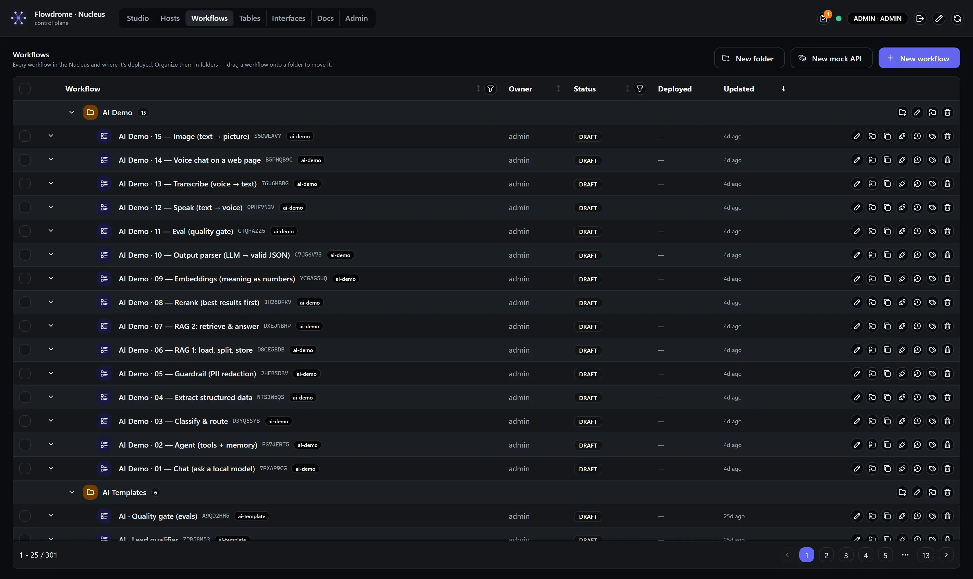 The Workflows screen with a Demo folder expanded over a paginated table