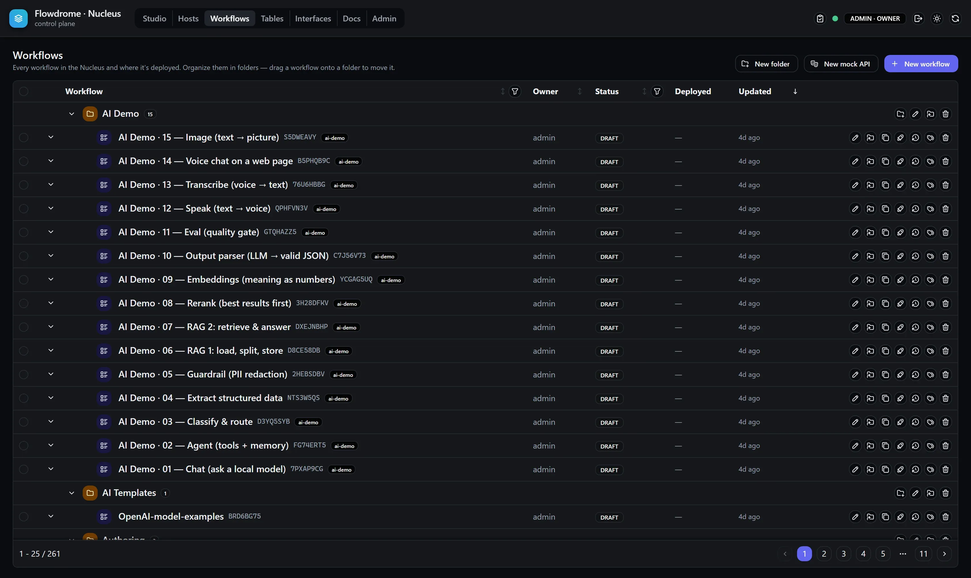 The Workflows screen with a Demo folder expanded over a paginated table