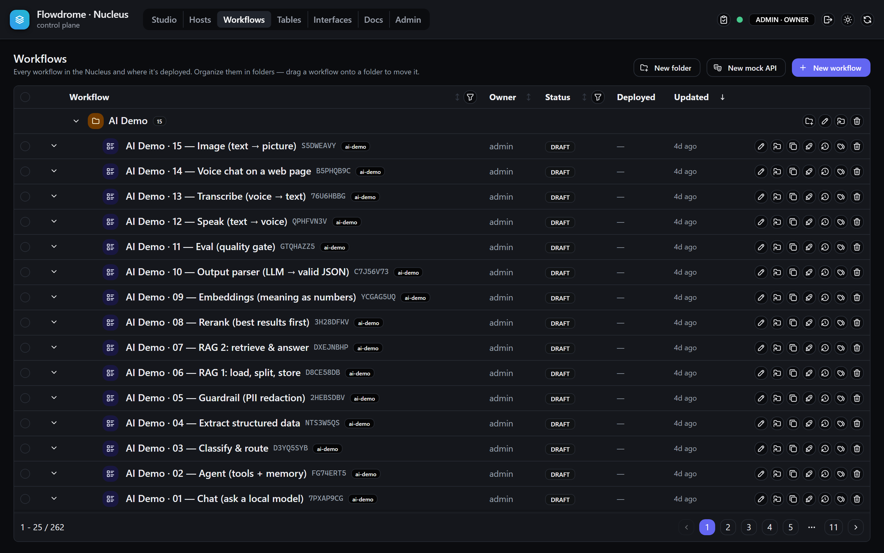 The Workflows view in the Nucleus: a folder tree of workflows with versions, tags and per-host deployments