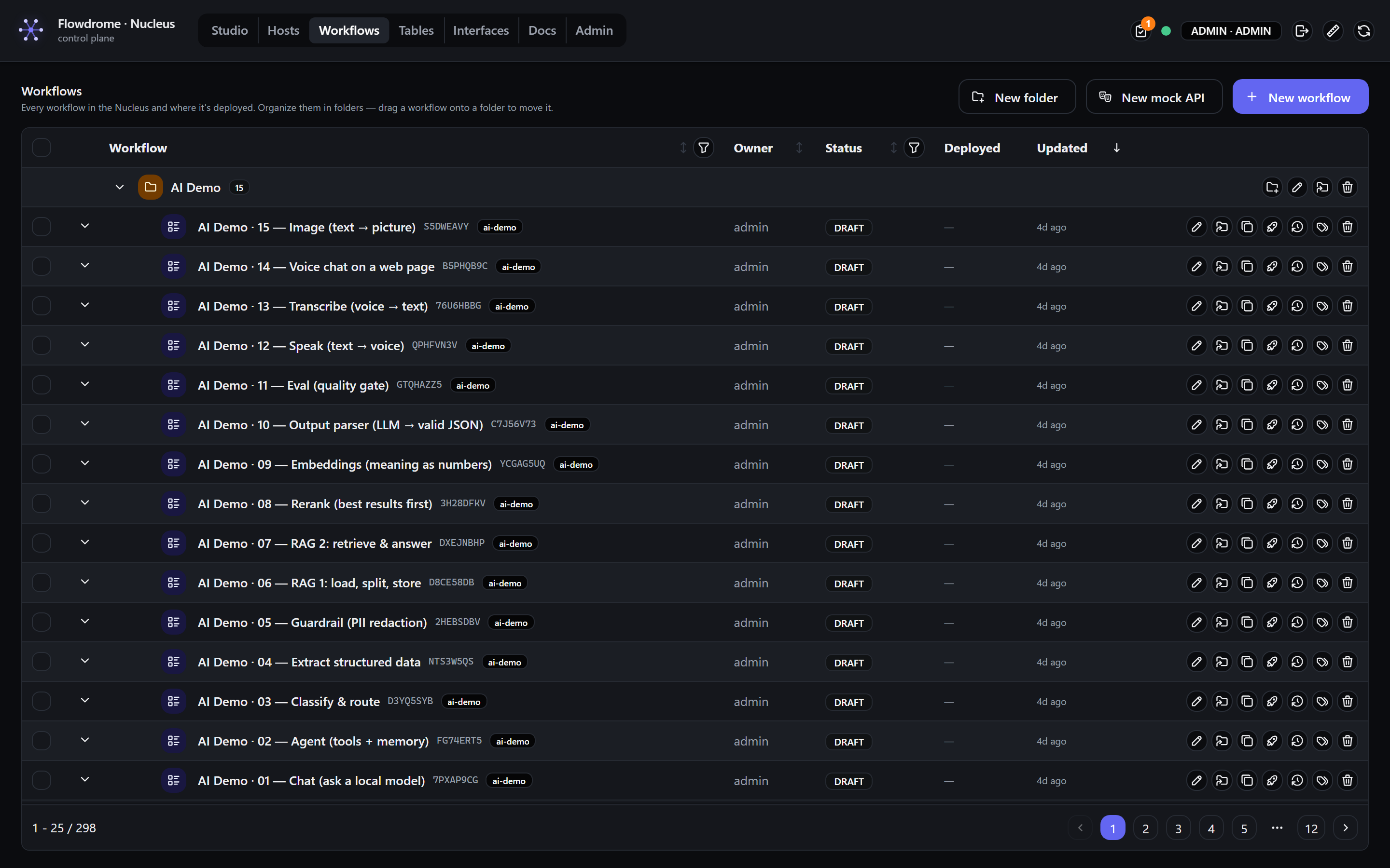 The Workflows view in the Nucleus: a folder tree of workflows with versions, tags and per-host deployments