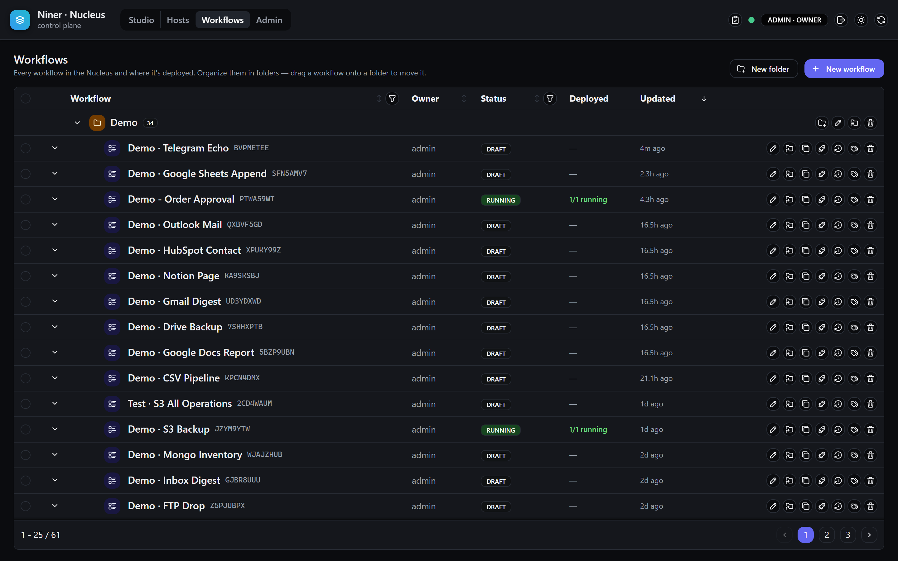 The Workflows view in the Nucleus: a folder tree of workflows with versions, tags and per-host deployments