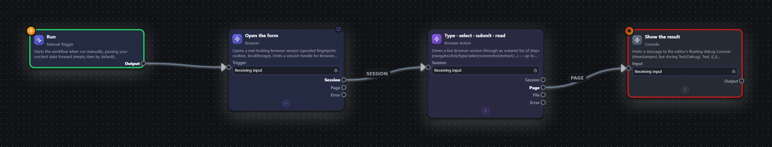 Fill a form, submit & read the result — workflow graph