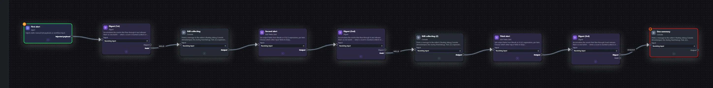 Overnight alerts — digest into one summary — workflow graph