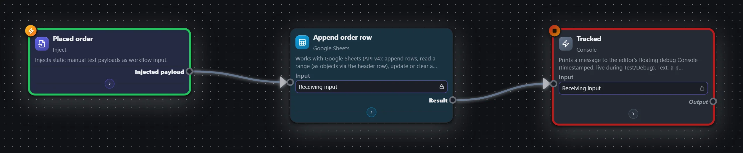 Row per order — Google Sheets — workflow graph